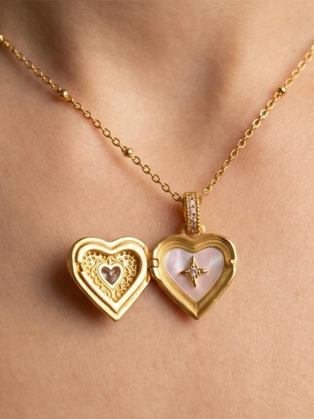 Gold Heart locket Pendant Necklace with Crystal Accent